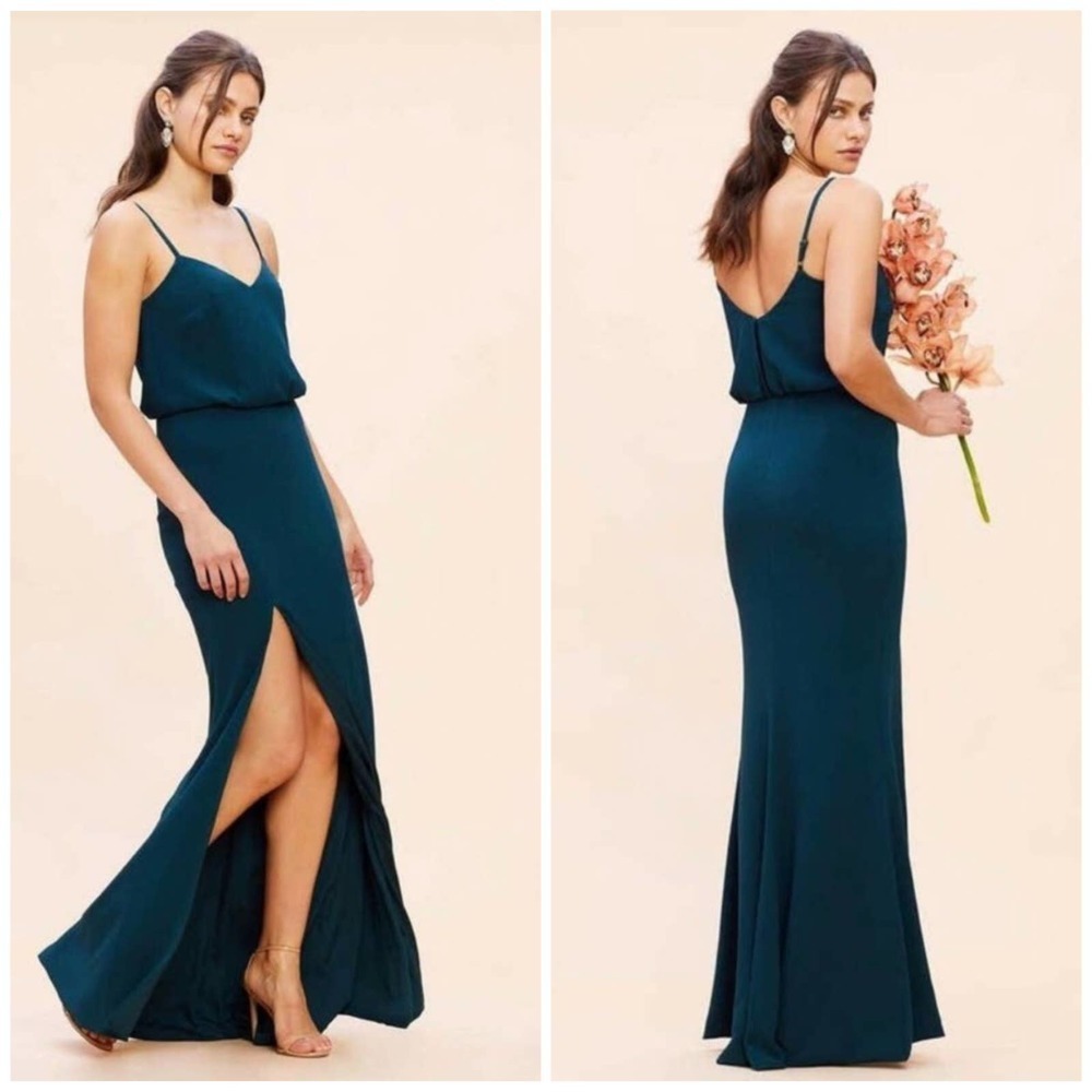 DRESS THE POPULATION Gracelyn Pine Blouson High Slit Maxi Dress Size Large NEW